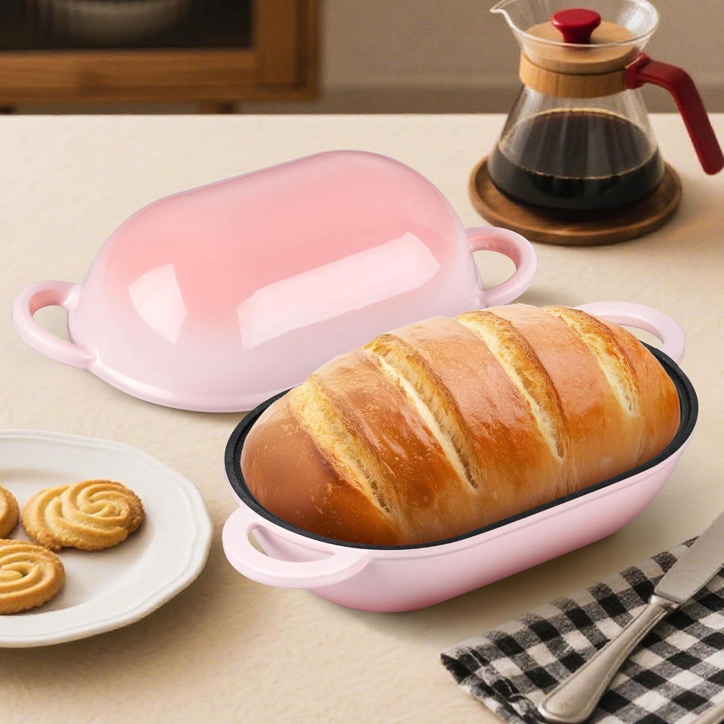 Homikit Enameled Cast Iron Dutch Oven for Bread Baking, 2.8 QT Oval Bread Oven Pot with Lid, 9.5 x 5.7 Inch Sourdough Loaf Baking Pan for Homemade Bread, Heavy Duty & Oven Safe, Pink