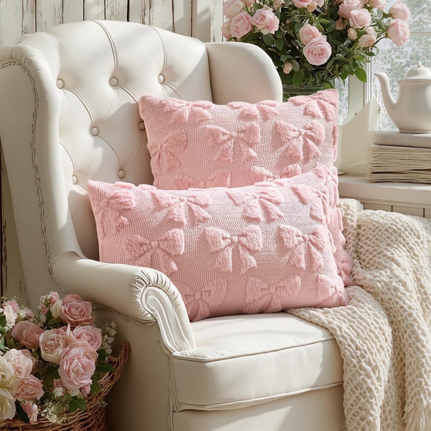 MIULEE Light Pink Bow Pillow Covers Coquette Room Decor Aesthetic Set of 2 Spring Decorative Cute Girl Soft Plush Faux Pillowcase for Preppy Room Decor Bedroom Couch,12x20 Inch
