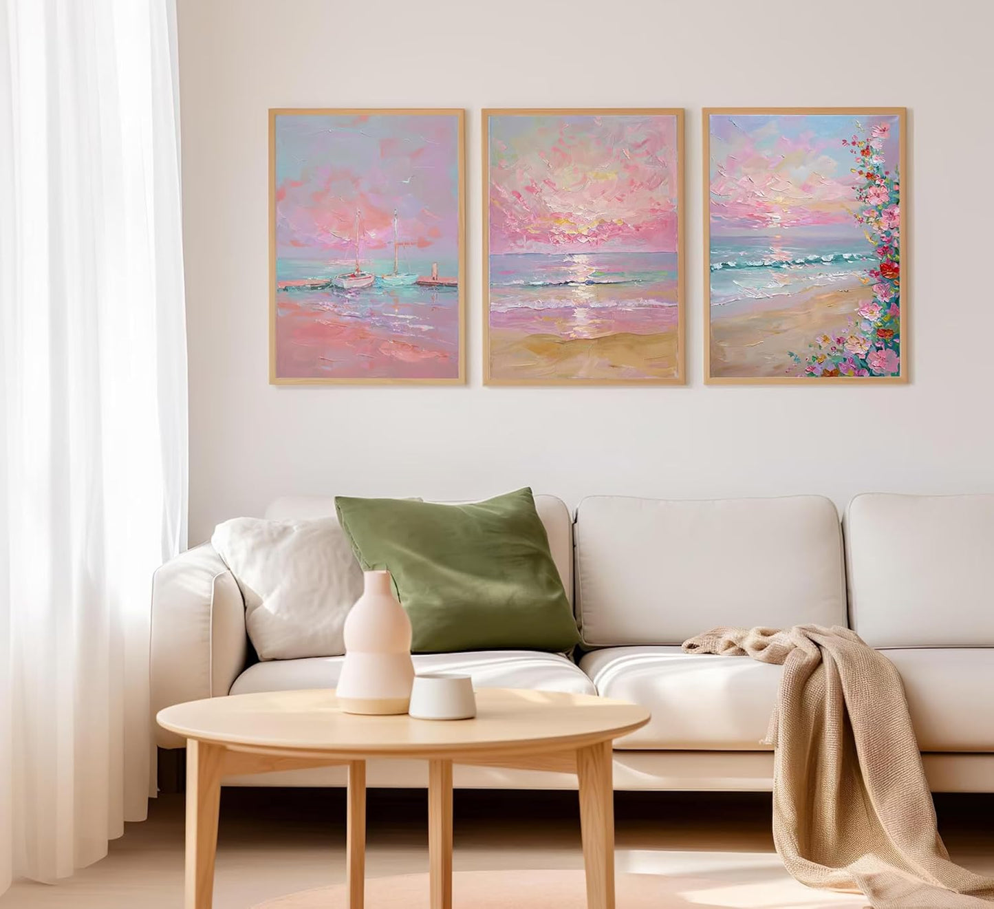 Kouserlin 3 Pcs Pastel Coastal Wall Art Set, Unframed Pink Ocean Beach Canvas Posters, Grandmillennial Preppy Room Decor of Sailboat & Wildflower for Bedroom, Girls Dorm(12x16Inch)