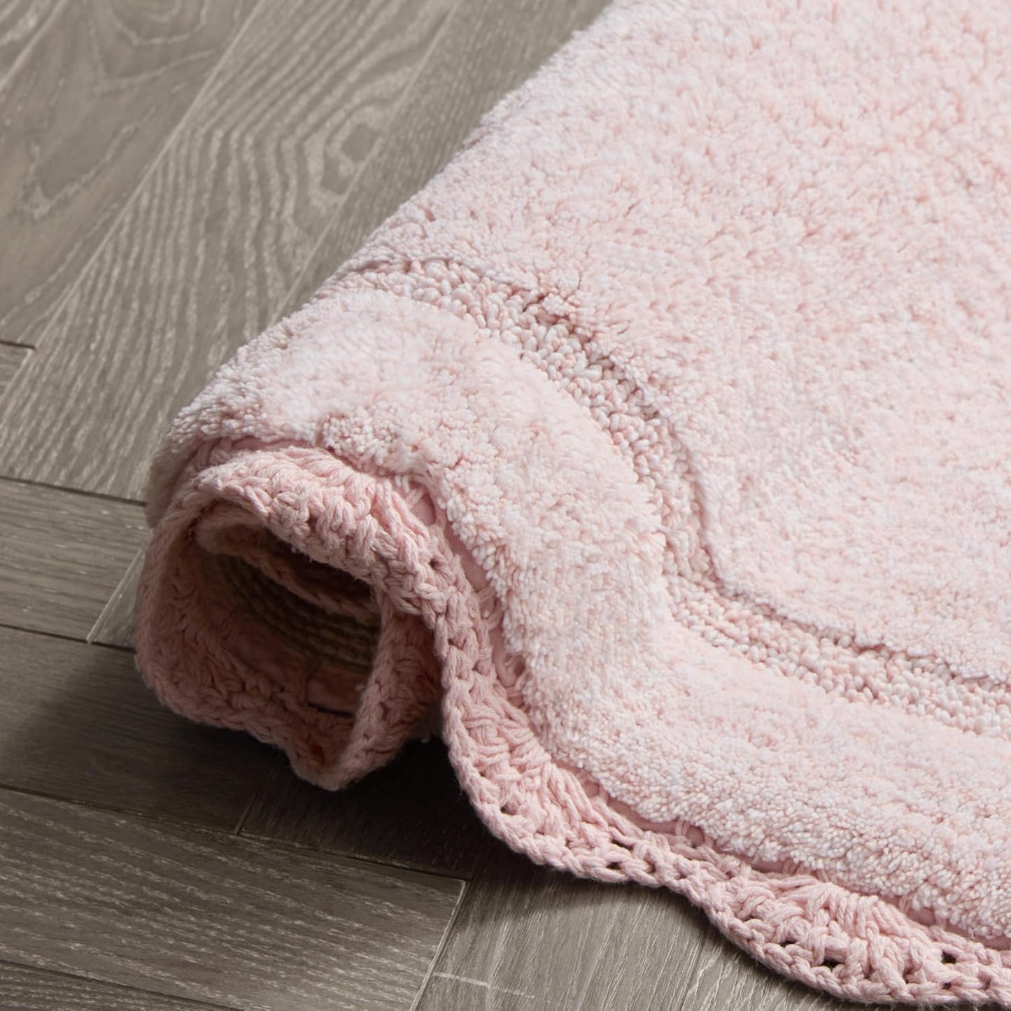 Laura Ashley Eloise 100% Cotton Oval Bath Mat with Crochet Border, Soft & Absorbent, Light Pink 21" x 34" Bathroom Rug