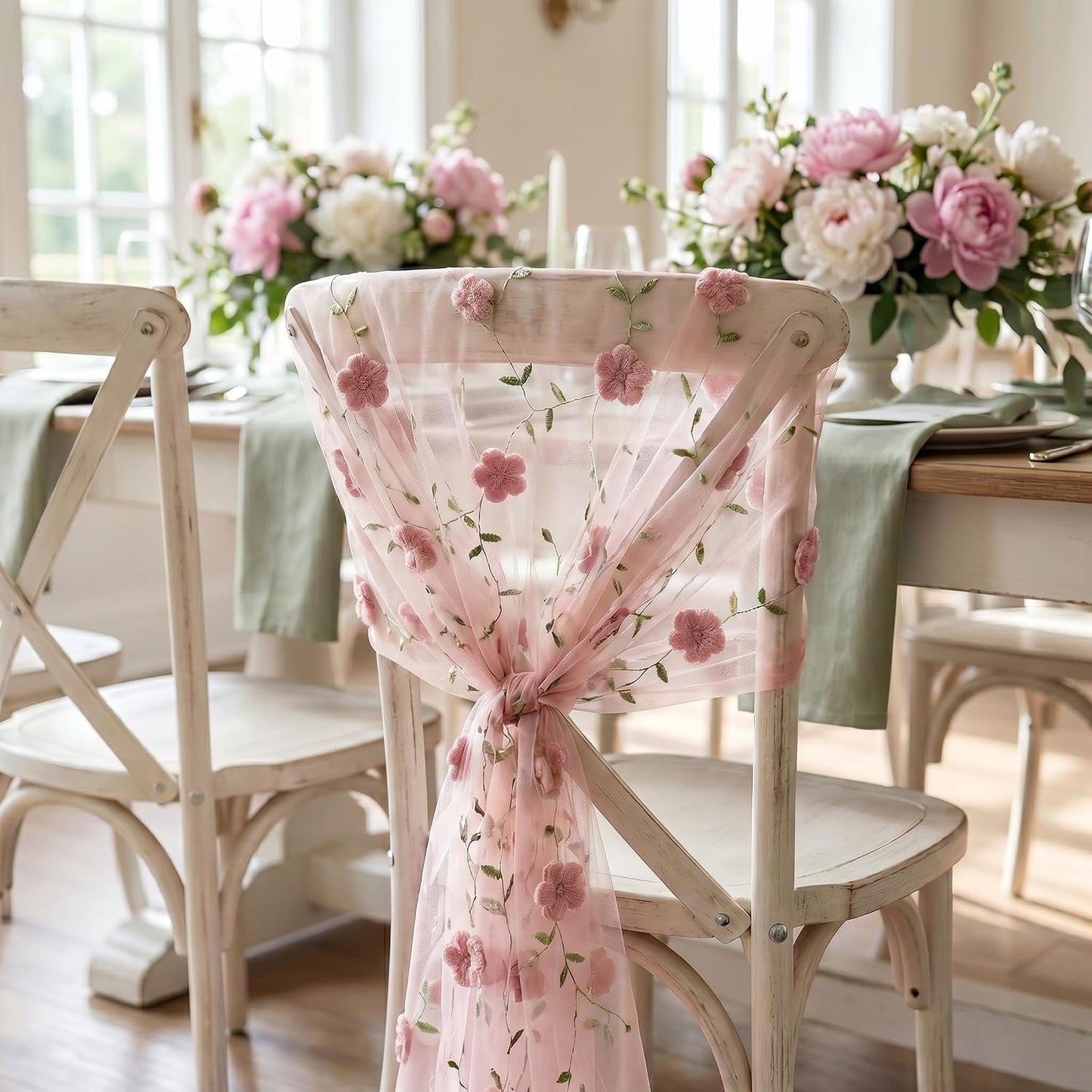 Pink Sheer Floral Embroidered Table Runner, French Style Lace Gauze Dessert Table Flag, 120 x 30 Inch Romantic Decor for Kitchen, Dining, Wedding, Birthday, Party & Holiday