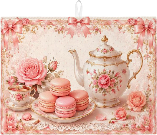 Peach Floral Dish Drying Mats for Kitchen Counter, Vintage Rose Absorbent Dish Drainer Mat, Elegant Microfiber Drying Pad for Tea Party Protector 18x24 Inch