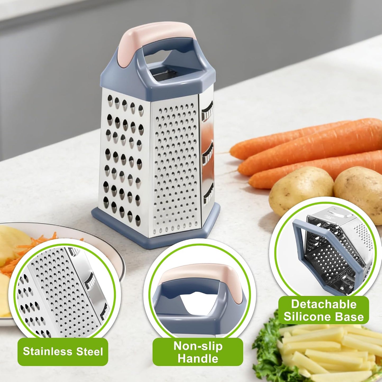 Box grater for kitchen 6 Sided - Cheese Graters Handheld, Stainless Steel Shredder for Food Vegetable Carrot Potato Tomato (Pink)