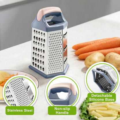 Box grater for kitchen 6 Sided - Cheese Graters Handheld, Stainless Steel Shredder for Food Vegetable Carrot Potato Tomato (Pink)
