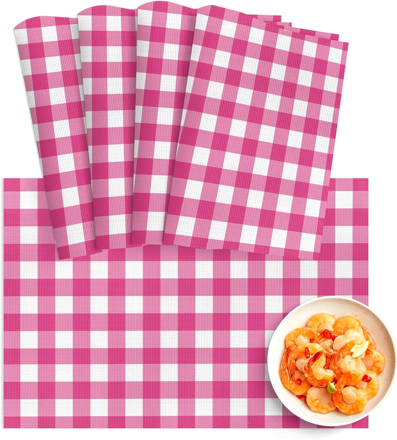 Peach Pink Checked Placemats Set of 4, Washable PVC Kitchen Table Mats Place Mats, Farmhouse Buffalo Plaid Country Grid Woven Vinyl Placemat for Dining Table, 13" x 19"