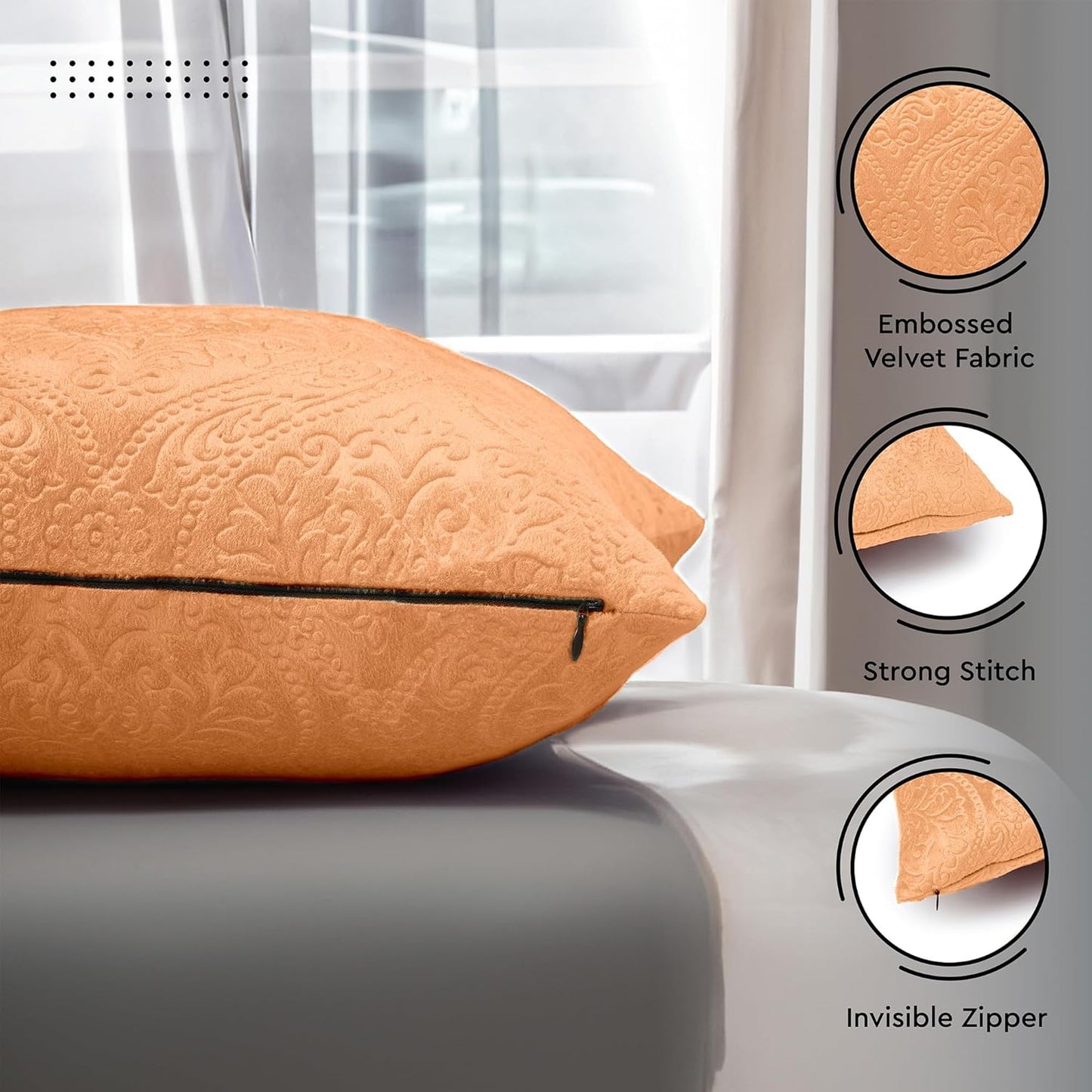 Encasa XO Luxury Embossed Velvet Throw Pillow Covers - Plush Cushion Covers for Elegant Living Rooms & Bedrooms, Machine Washable, 18"x18" Peach | Set of 2 | Covers Only No Insert