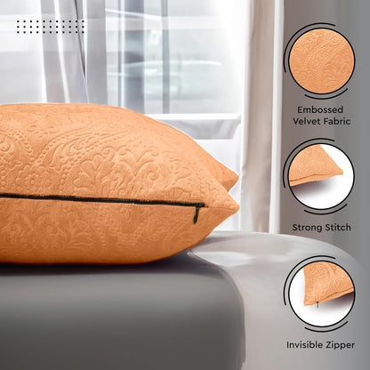 Encasa XO Luxury Embossed Velvet Throw Pillow Covers - Plush Cushion Covers for Elegant Living Rooms & Bedrooms, Machine Washable, 18"x18" Peach | Set of 2 | Covers Only No Insert