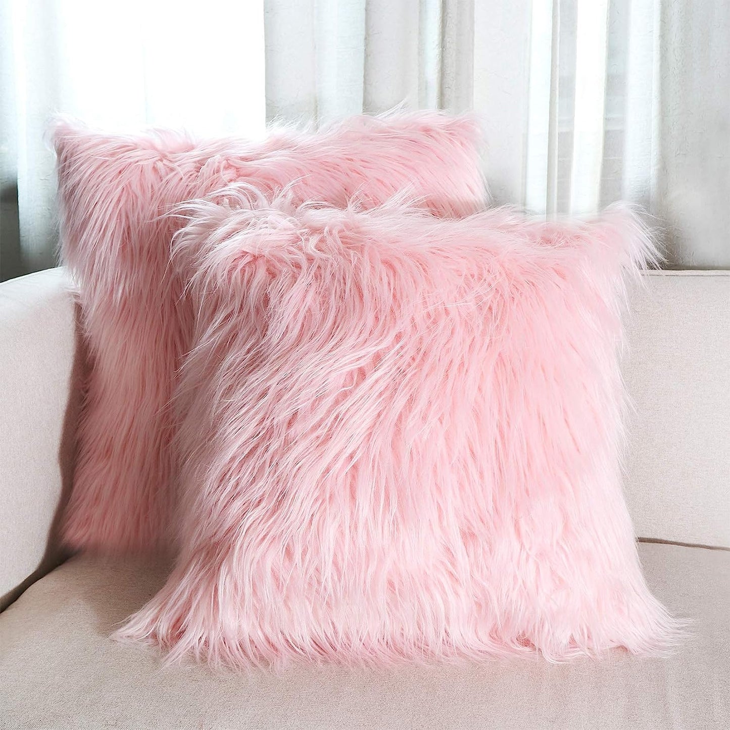 AerWo Set of 2 Pink Fluffy Pillow Covers, New Luxury Series Merino Style Blush Faux Fur Decorative Throw Pillow Covers Square Fuzzy Cushion Case 18x18 Inch