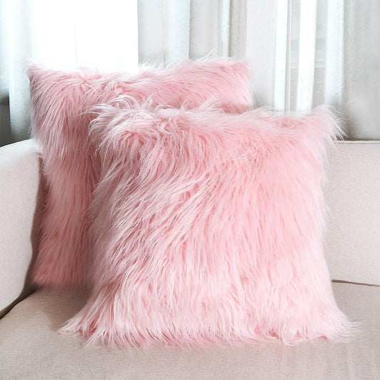 AerWo Set of 2 Pink Fluffy Pillow Covers, New Luxury Series Merino Style Blush Faux Fur Decorative Throw Pillow Covers Square Fuzzy Cushion Case 18x18 Inch