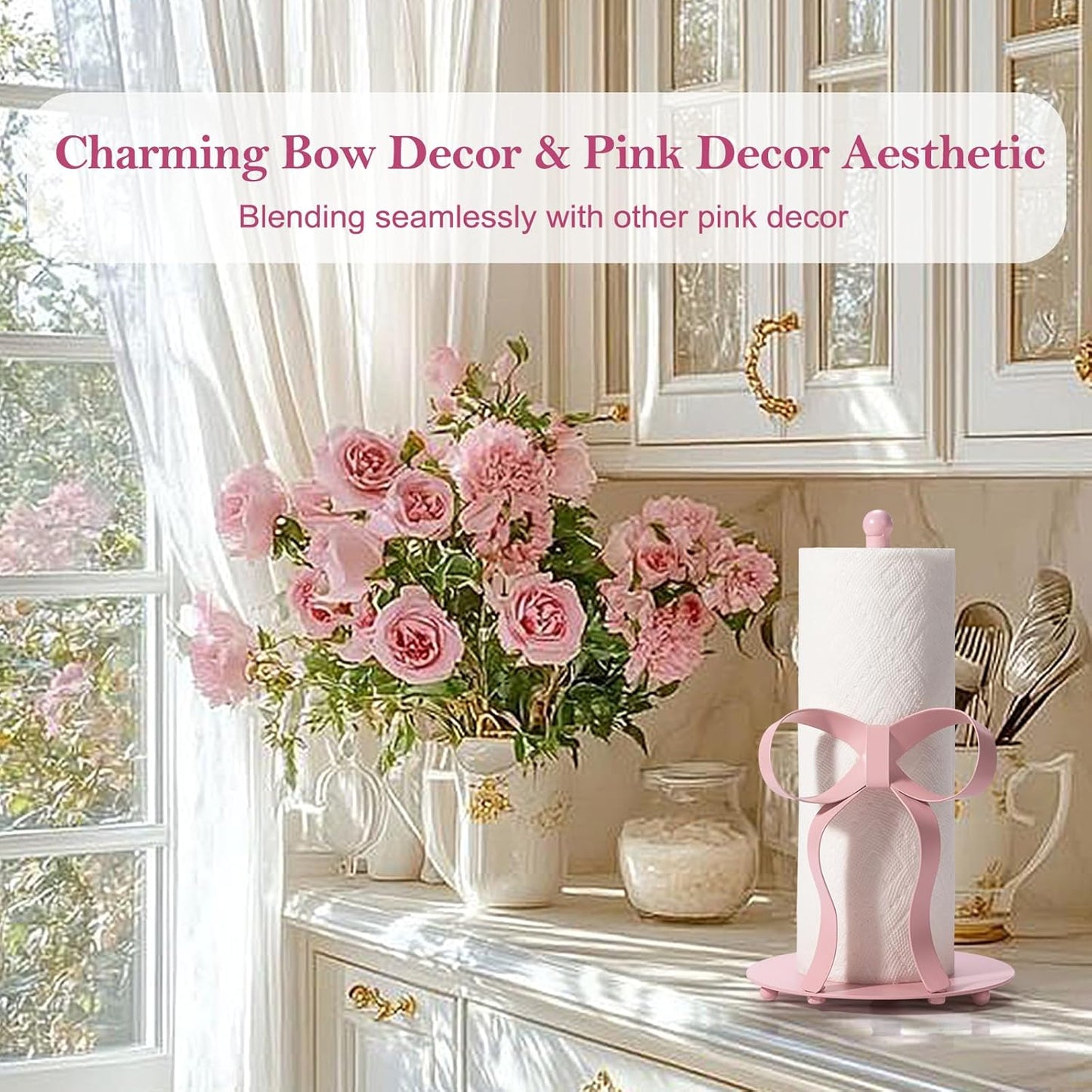 Pink Bow Paper Towel Holder Coutertop - Bow Accent Paper Towel Holder, Pink Kitchen Decor and Accessories, Coquette Room Decor Girly Gifts for Women, 3D Handmade Pattern, Weighted Base