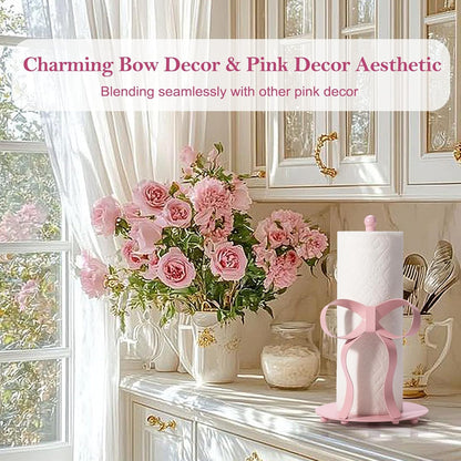 Pink Bow Paper Towel Holder Coutertop - Bow Accent Paper Towel Holder, Pink Kitchen Decor and Accessories, Coquette Room Decor Girly Gifts for Women, 3D Handmade Pattern, Weighted Base