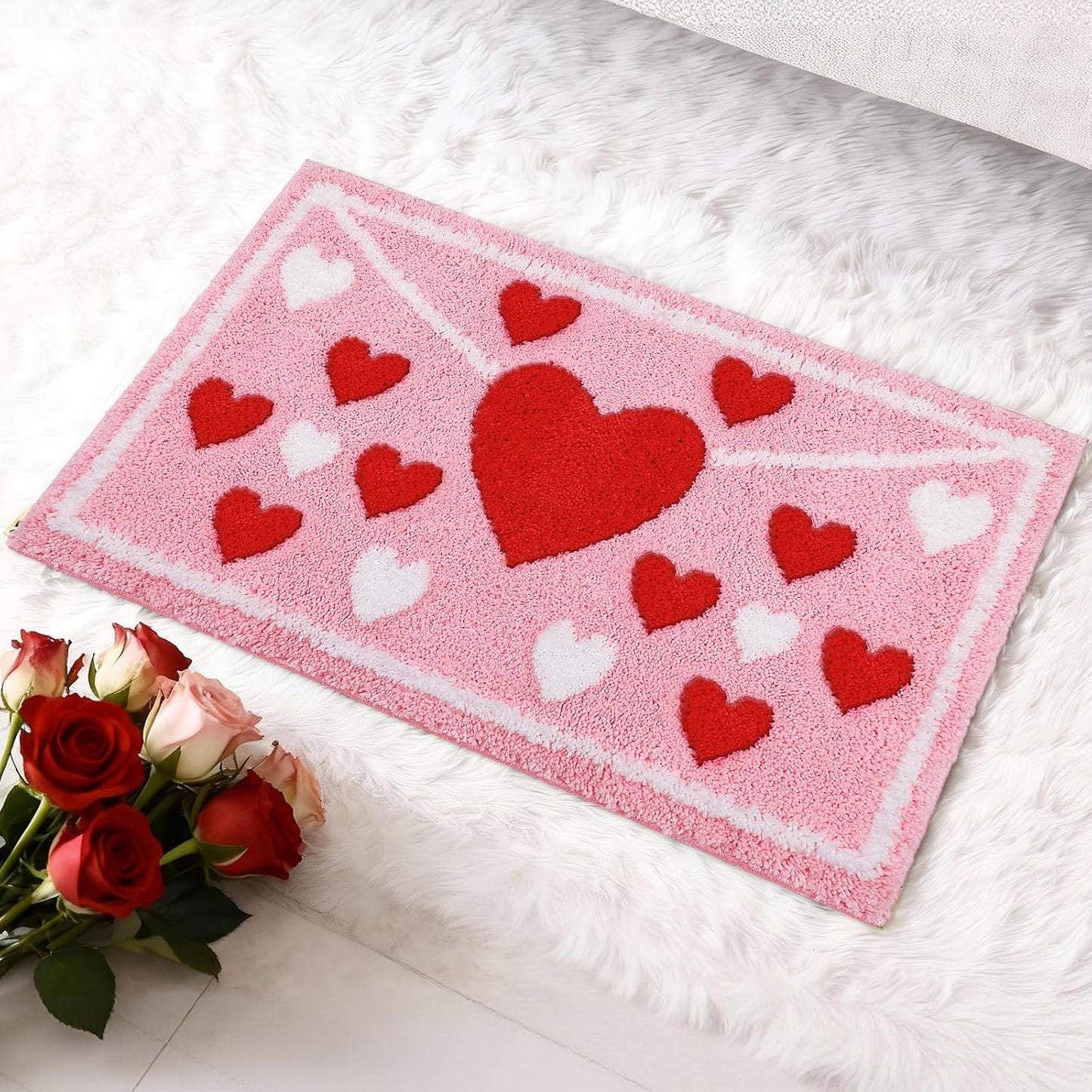 Lyrow Envelope Red Heart Tufted Bath Mat 17"x 29" Absorbent Love Heart Rug Red Pink White Non Slip Bath Rug Washable Front Door Mat for Wedding Home Bedroom Bathroom Decor