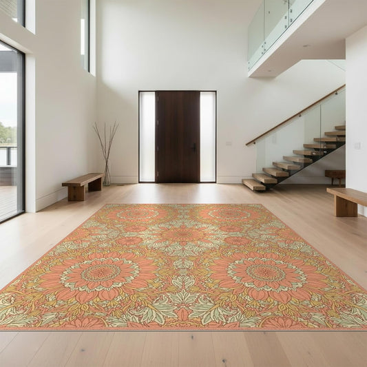 Design&I 8'x10' Easy Clean Vintage Botanical Massive Rug, Peach Sleek Flatweave Pet Friendly Built-in Grip Mat for King Size Bedroom, Master Suite, Under Bed | 2158916