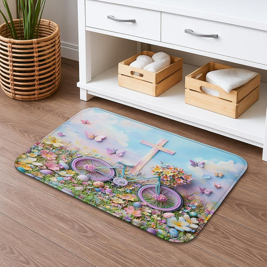 Floral Bike Quick Dry Bath Mat, Fanciful Peach Butterflies Absorbent Non Slip Shower Mat, Spring Decorative Washable Bath Rugs for Bathroom Toilet Restroom 20x32 Inch
