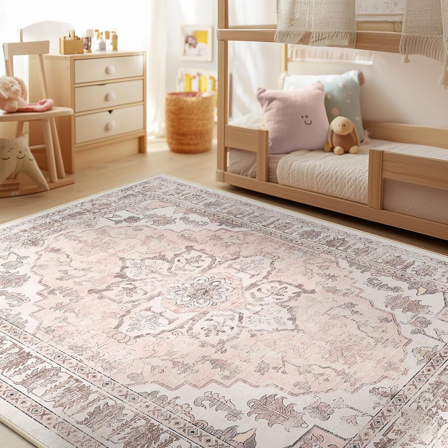 BESTSWEETIE 5x7 Area Rug Washable Rugs for Living Room, No Pile Boho Carpet for Entryway Bedroom Dinning Room, Vintage Carpet Print Distressed Non-Slip, 5 x 7 ft, Pink Beige Grey