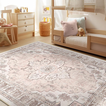 BESTSWEETIE 5x7 Area Rug Washable Rugs for Living Room, No Pile Boho Carpet for Entryway Bedroom Dinning Room, Vintage Carpet Print Distressed Non-Slip, 5 x 7 ft, Pink Beige Grey