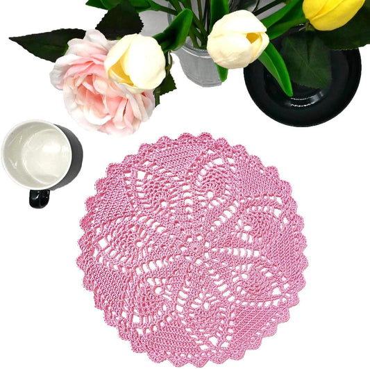11 to 12 inches Pineapple Flower Lace Doilies Handmade Crochet Placemats Table Coasters Anniversary Mother's Day Vintage Wedding Party Decor (Pink,1PC)