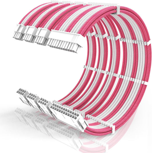 16AWG PSU Cable Extension Kit With Cable Combs,1x24pin ATX/1x8pin(4+4) EPS/2x8pin(6+2) PCIE Extension Cable,Cable Extension PC Sleeved Cables 30cm Length,Power Supply Extension Cable Kit(Pink/White)