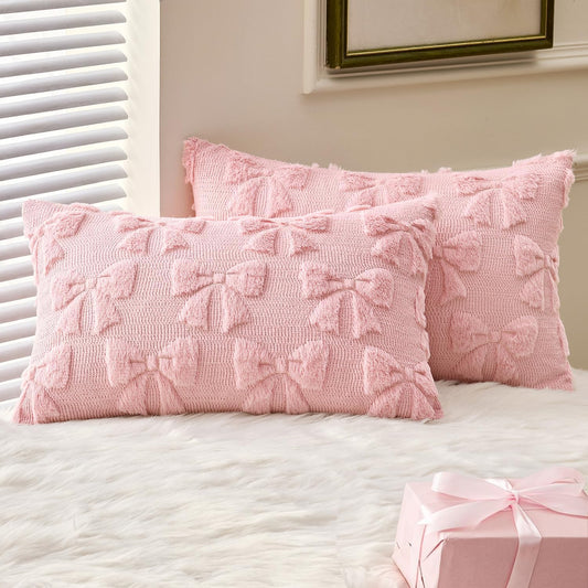 MIULEE Pink Bow Pillow Covers Coquette Room Decor Aesthetic Set of 2 Spring Decorative Cute Girl Soft Plush Faux Pillowcase for Preppy Room Decor Bedroom Couch,12x20 Inch