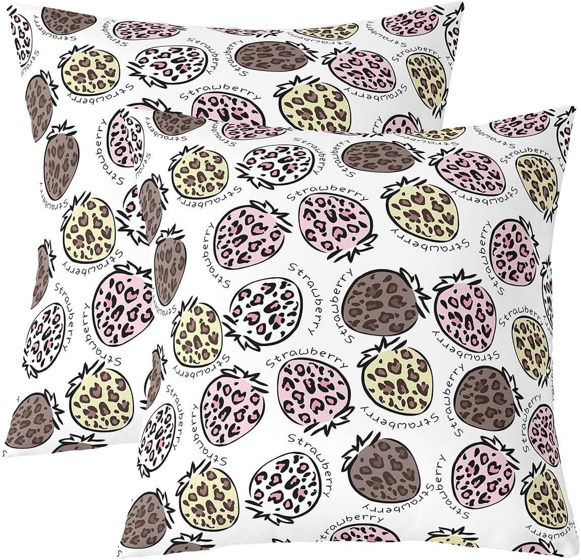 Cartoon Leopard Strawberry Throw Pillow Covers (Pack of 2),Pink Yellow Brown Leopard Cushion Cover for Teens Wild Cheetah Fur Pillow Cases Cute Fruits Pattern Living Room Sofa Bed Decor ,22"Lx22"W