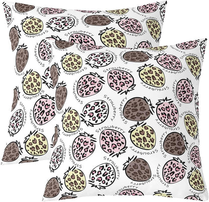 Cartoon Leopard Strawberry Throw Pillow Covers (Pack of 2),Pink Yellow Brown Leopard Cushion Cover for Teens Wild Cheetah Fur Pillow Cases Cute Fruits Pattern Living Room Sofa Bed Decor ,22"Lx22"W