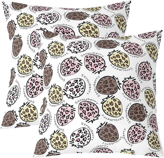 Cartoon Leopard Strawberry Throw Pillow Covers (Pack of 2),Pink Yellow Brown Leopard Cushion Cover for Teens Wild Cheetah Fur Pillow Cases Cute Fruits Pattern Living Room Sofa Bed Decor ,22"Lx22"W