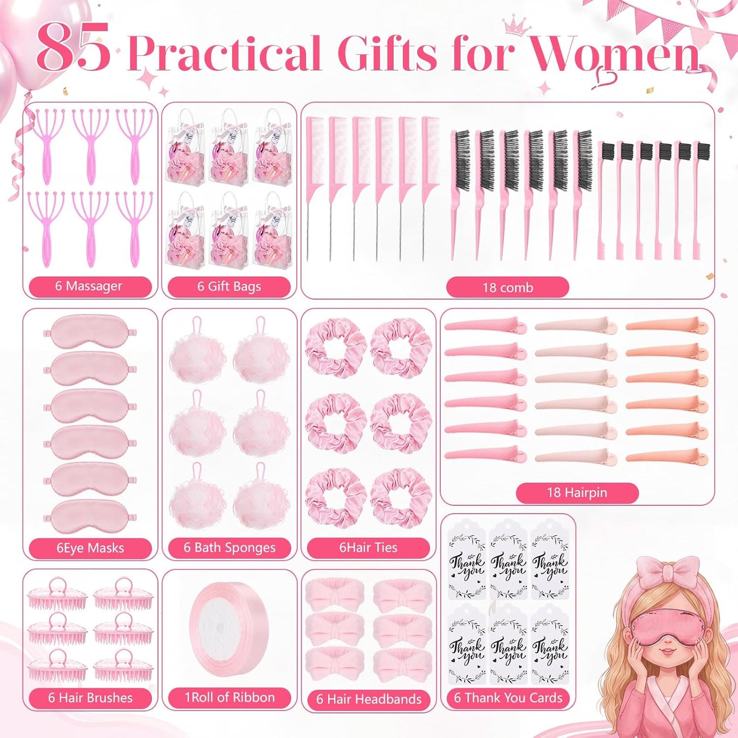 Duraaamo 85 pcs / 6 Set Pink Spa Party Favor for Sleepover Girls Gift with Massage Comb, Hair Claw, Eye Mask, Headband, Makeup Bag for Women Girls Birthday Bridesmaid Bachelorette Party
