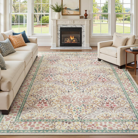 Lofus Pink Area Rug 9x12, Washable Large Living Room Rugs Non Slip Low Pile, Boho Floral Carpet for Kitchen Bedroom Dining Room Nursery Home Office, Vintage Farmhouse Forest-Themed Area Rugs