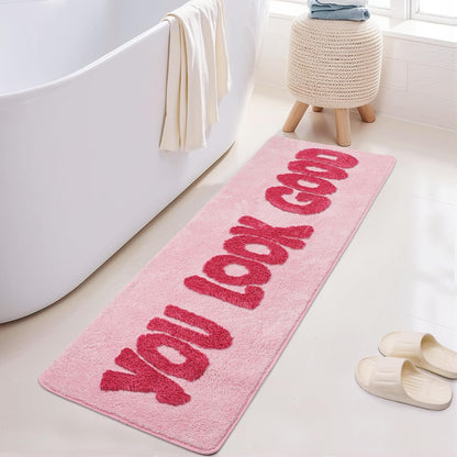 You Look Good Bathroom Rug, Hot Pink, 20''x60'' Soft Plush, Super Water Absorbent, Non-Slip Backing, Easy Cleaning, Vibrant Decor