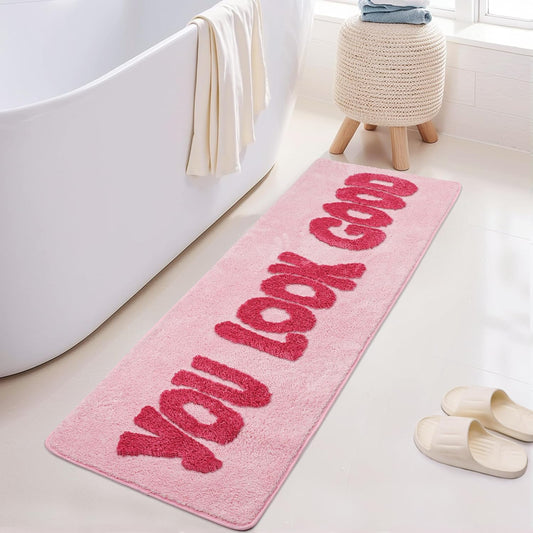 You Look Good Bathroom Rug, Hot Pink, 20''x60'' Soft Plush, Super Water Absorbent, Non-Slip Backing, Easy Cleaning, Vibrant Decor