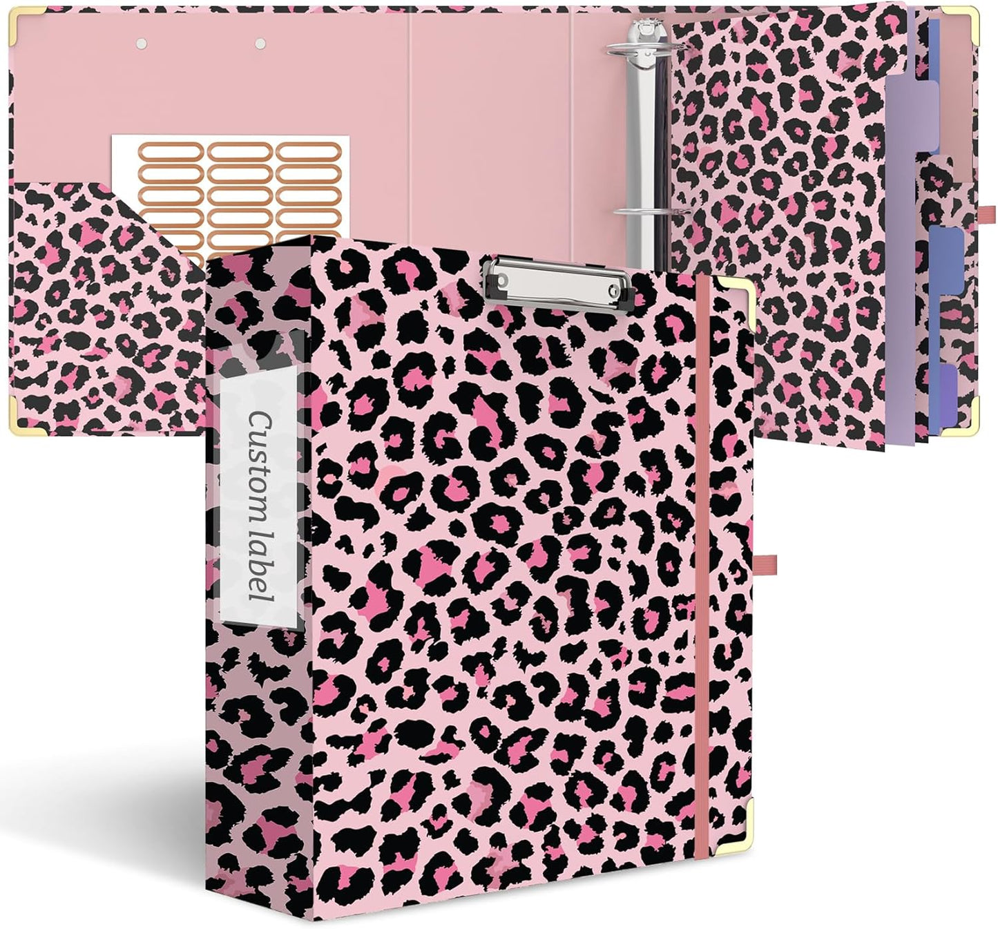 3 Ring Binder 3 Inch, Cute Round Ring Binder with 6 Tab Dividers & Label Stickers, Low Profile Clipboard with Storage, Fashion Binder for School Office Supplies (Pink Leopard)