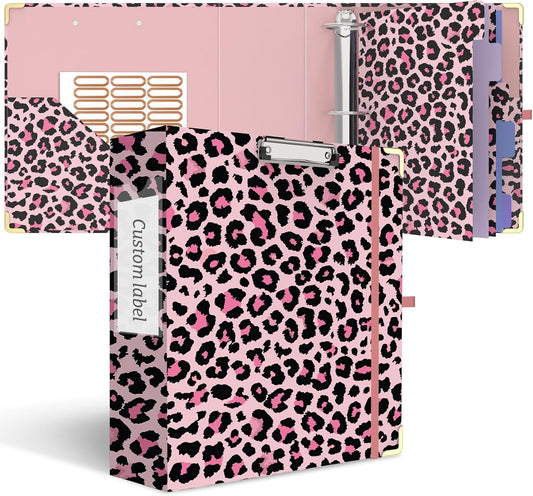 3 Ring Binder 3 Inch, Cute Round Ring Binder with 6 Tab Dividers & Label Stickers, Low Profile Clipboard with Storage, Fashion Binder for School Office Supplies (Pink Leopard)