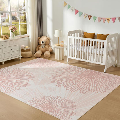 Pink Rugs for Bedroom Girls: 6x9 Modern Large Washable Soft Cute Boho Floral Pattern Area Rug Neutral Indoor Floor Non-Slip Carpet for Living Room Dining Nursery Kids Playroom Baby Room House Decor