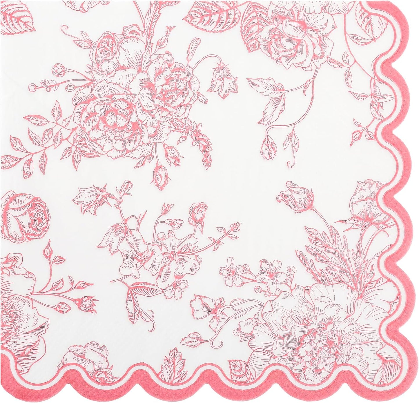 100 Pink Floral Paper Napkins Pink & White Flowers Disposable Party Napkin 6.5" Scalloped Edge Toile Bouquet Hand Towels for Birthday Bridal Baby Shower Tableware