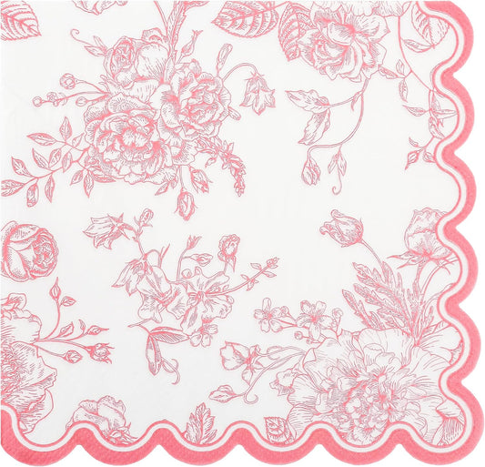 100 Pink Floral Paper Napkins Pink & White Flowers Disposable Party Napkin 6.5" Scalloped Edge Toile Bouquet Hand Towels for Birthday Bridal Baby Shower Tableware
