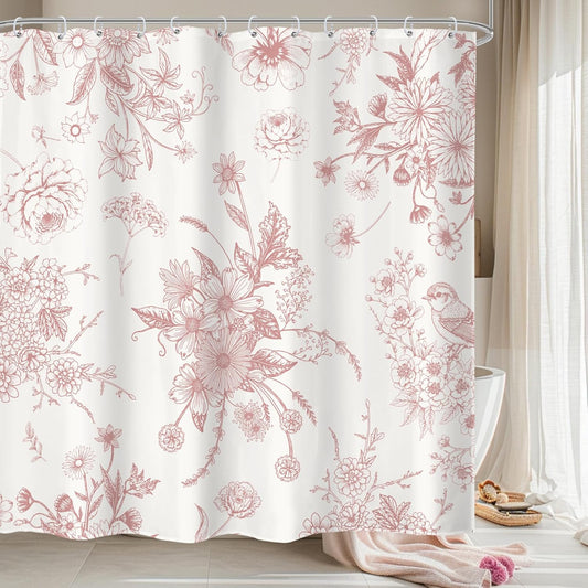 Pink Floral Shower Curtain 72Wx72H Inches Vintage Boho Blossom Bird Retro Rustic Farmhouse Chinoiserie Aesthetic Cream Fabric Waterproof Polyester Bathroom Home Decor Set with Hooks
