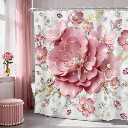 AMBZEK Pink 3D Floral Shower Curtain 72Wx72L Inch Abstract Modern Spring Flower Blossom Elegant Botanical Luxury Marble Summer Cloth Fabric Waterproof Polyester Bathroom Decor Set with 12 Pack Hook