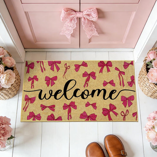 Pink Bow Doormat Bowknot Welcome Door Mat Entrance Indoor Outdoor Entryway Rug Front Back Door Floor Mat Inside Outside Non-Slip Doormat Modern Washable Carpet for Hallway Doorway