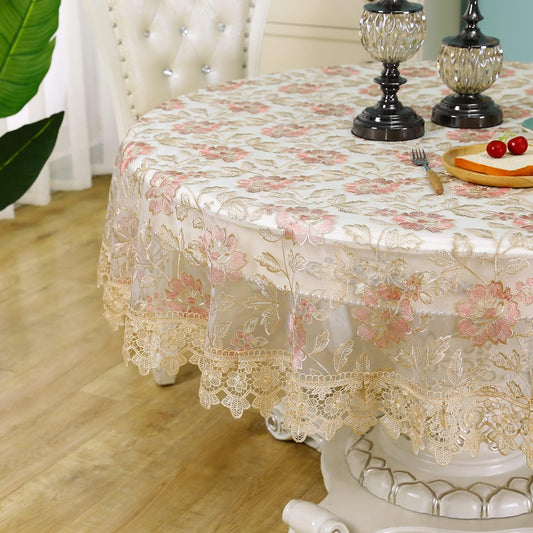 Lace Tablecloth Round Floral Embroidered Lace Table Cloth Pink Decor Macrame Crochet Rose Tablecloth Vintage Shabby Chic Table Cover for Dining Kitchen Summer Outdoor Holiday Birthday Party Spring