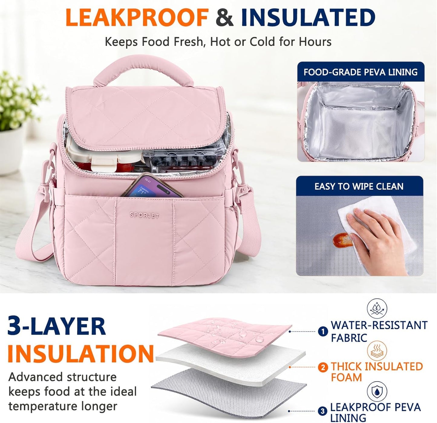 Insulated Lunch Bag for Women, Quilted Lunch Tote Bag with Shoulder Strap, Leakproof Soft Lunch Box, Reusable Lunch Cooler Bag for Work Office Picnic Travel, Large Capacity