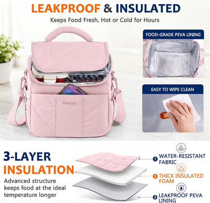 Insulated Lunch Bag for Women, Quilted Lunch Tote Bag with Shoulder Strap, Leakproof Soft Lunch Box, Reusable Lunch Cooler Bag for Work Office Picnic Travel, Large Capacity