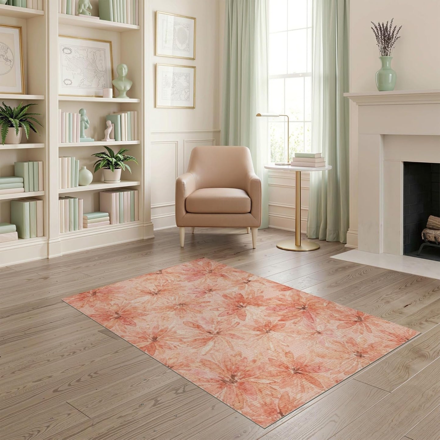 4'x6' Washable Bohemian Floral Area Rug, Peach Flatwoven Floor Mat Non-Slip Chair-Friendly Carpet for Home Office, Gaming Room, Under Desk | Ref:2167881