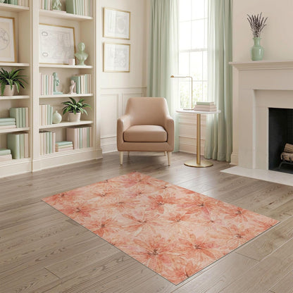 4'x6' Washable Bohemian Floral Area Rug, Peach Flatwoven Floor Mat Non-Slip Chair-Friendly Carpet for Home Office, Gaming Room, Under Desk | Ref:2167881