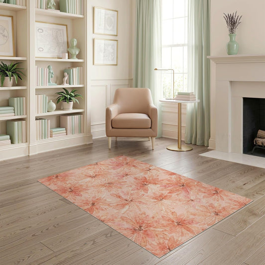 4'x6' Washable Bohemian Floral Area Rug, Peach Flatwoven Floor Mat Non-Slip Chair-Friendly Carpet for Home Office, Gaming Room, Under Desk | Ref:2167881