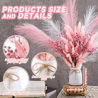 Geelin 2 Set Pink Flowers Artificial Faux Pampas Grass Gypsophila Decor Silk Pink Bunny Tails Dried and Baby Breath Flowers with White Vase Bouquets for Home Wedding Coquette Party Table Centerpieces