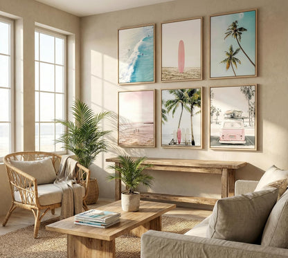 6PCS Preppy Aesthetic Beach Canvas Wall Art Pink Surfboard Palm Tree Ocean Waves Posters Prints Paintings Coastal Summer Pictures Wall Decor for Teen Girls Bedroom Dorm Bathroom Unframed