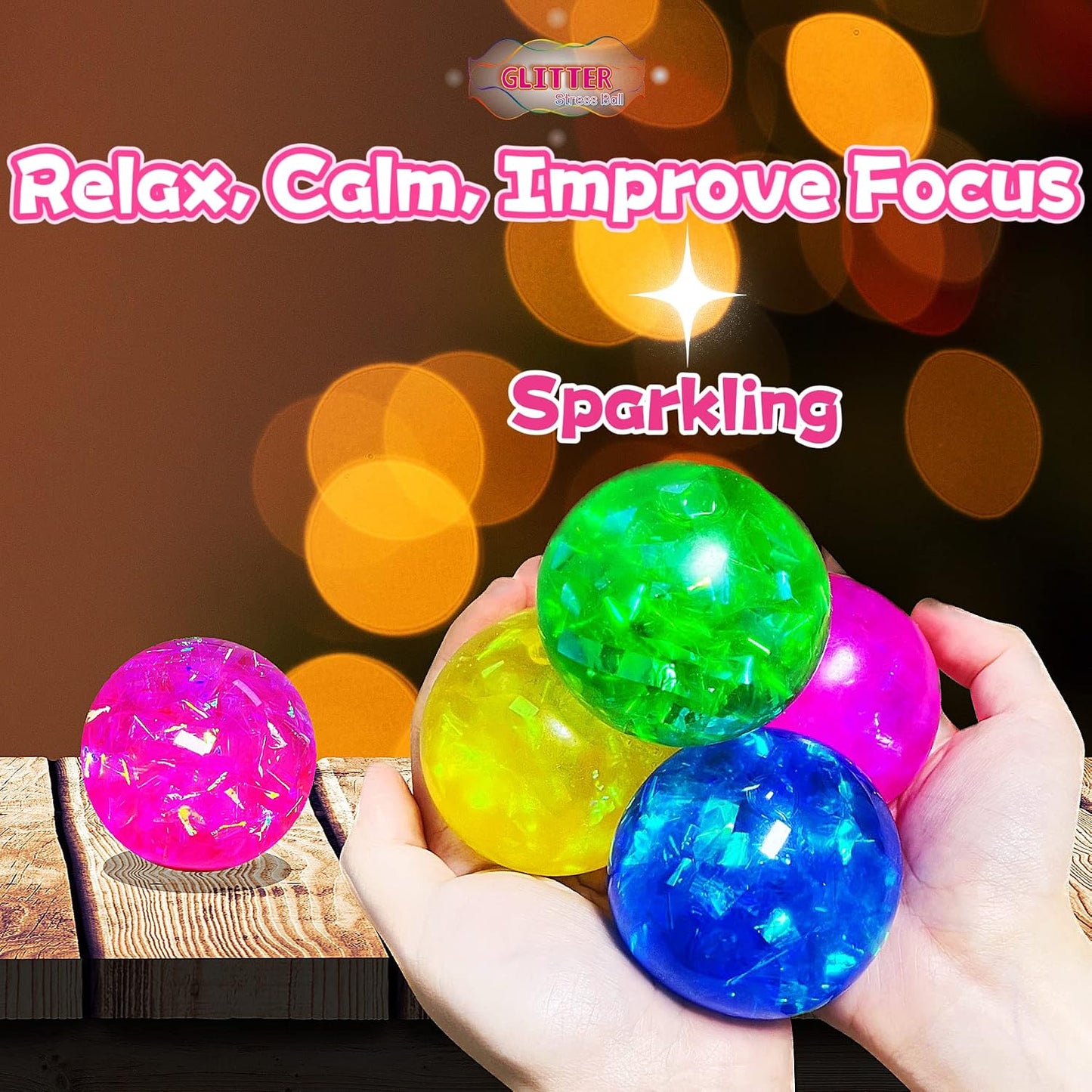 Pink Squishy Glitter Stress Balls Squeeze Fidget Toys for Kids and Adults - Colorful Stress Squish Ball, Squishy Toys for Kids Prizes,, Party Favors, Relax, Improve Focus