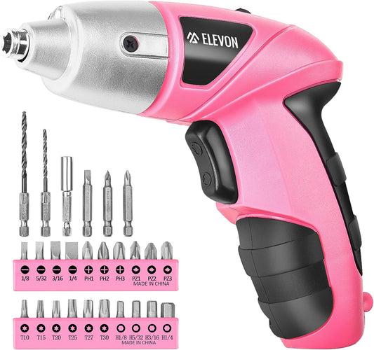 ELEVON 27pc Electric Screwdriver Pink Tool Set, Cordless Power Screwdriver with Drill Set, Hand Drill Screw Gun with Drill Kit, LED Light, Rechargeable Lightweight Portable Pink Drill