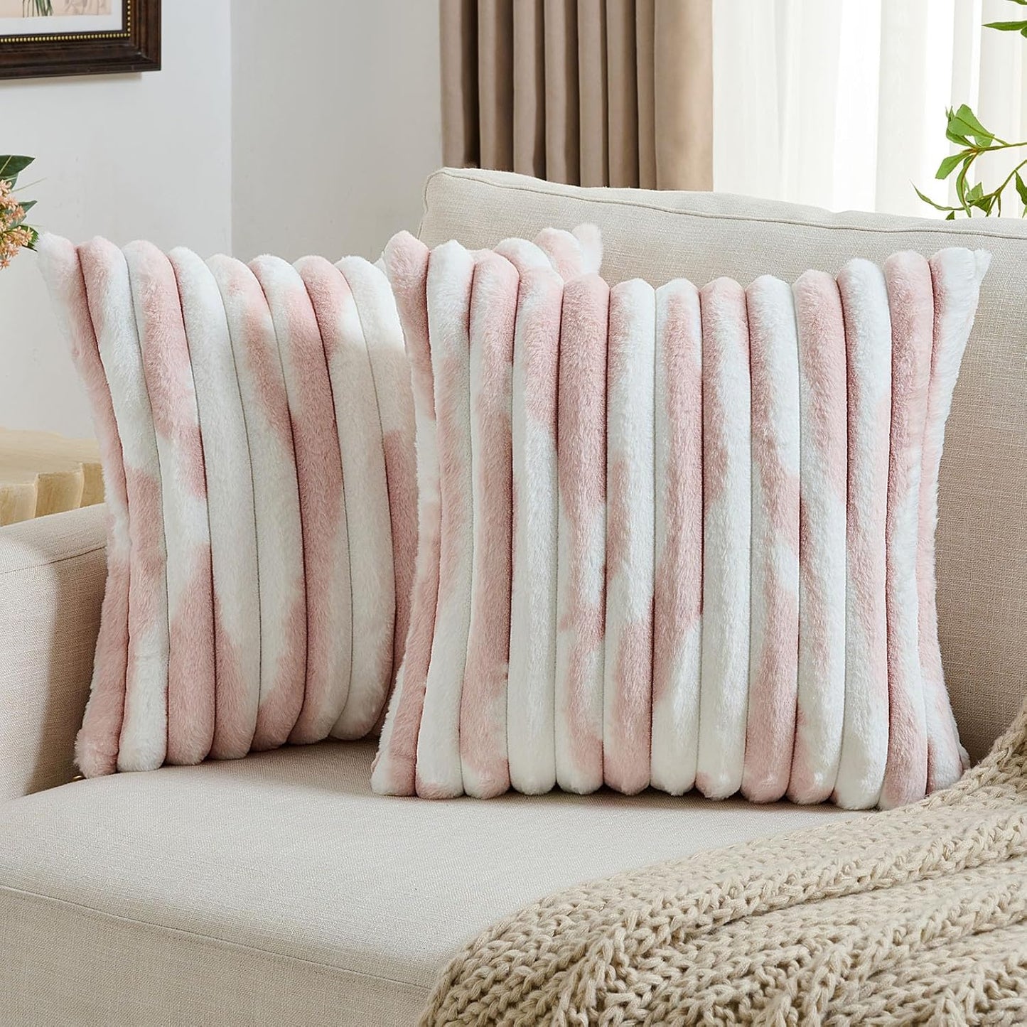 FUTEI Pack of 2 Faux Fur Plush Throw Pillow Covers 16x16 Inch Soft Tie Dye Striped Textured Farmhouse Decorative Cushion Covers Modern Home Decor for Couch Bed Living Room, Pink White