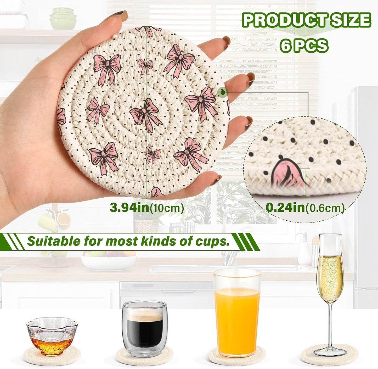 Kigai Pink Bow Coasters for Drinks with Holder 3.9 Inch Absorbent Heat-Resistant Cotton Woven Coaster Coffee Bar Accessories for Home Decor Table Protection, 6Pack